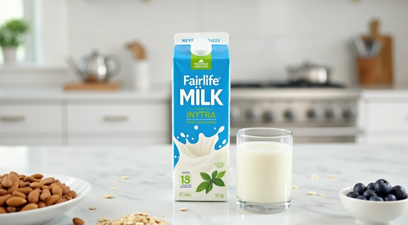 Carton of Fairlife milk with healthy ingredients on a marble countertop