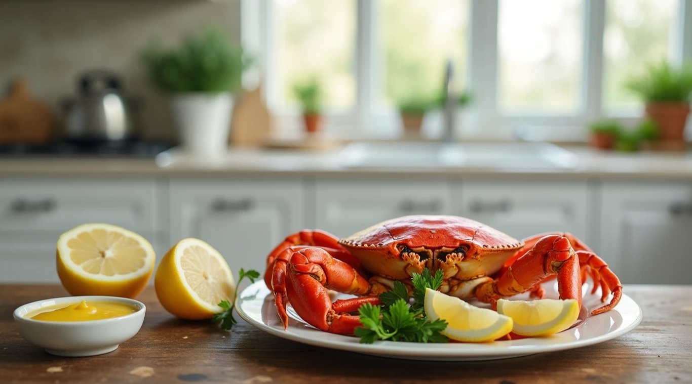 Freshly cooked crab on a plate with lemons and herbs in a rustic kitchen setting.