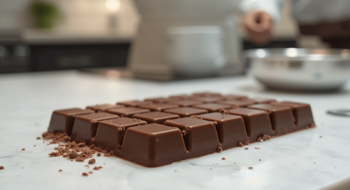 A close-up of a luxurious chocolate bar being tempered on a marble kitchen counter.