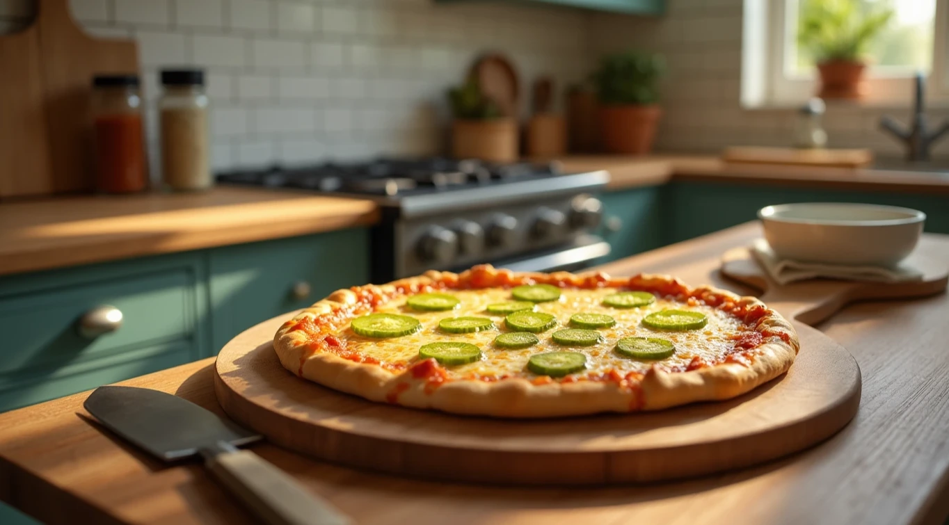 Freshly baked pickle pie pizza on a wooden cutting board in a rustic kitchen.
