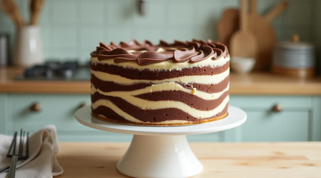 A freshly baked zebra cake with chocolate and vanilla stripes on a white cake stand in a cozy kitchen