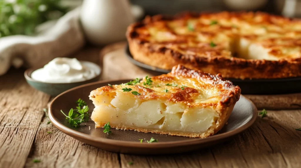 Unbaked Passover Potato Pie being placed into the oven for baking.