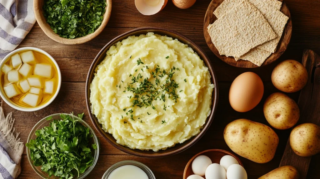 A sliced Passover Potato Pie with a golden crust, ready to serve.