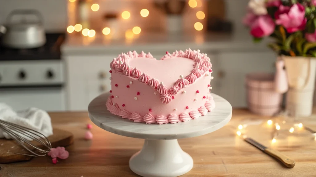 A baker frosting a heart cake with pastel pink buttercream.