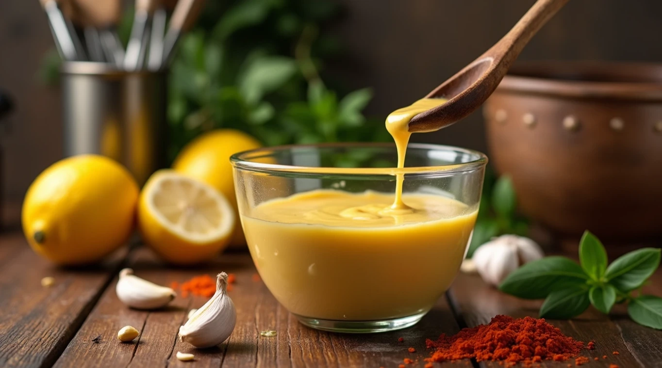A creamy homemade sauce in a glass bowl with fresh ingredients on a wooden countertop