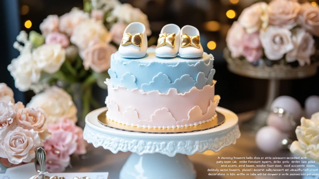 Elegant baby shower cake with pastel decorations and gold accents.