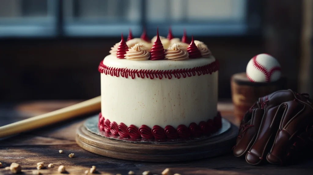 Beautifully decorated baseball cake with red icing stitches.