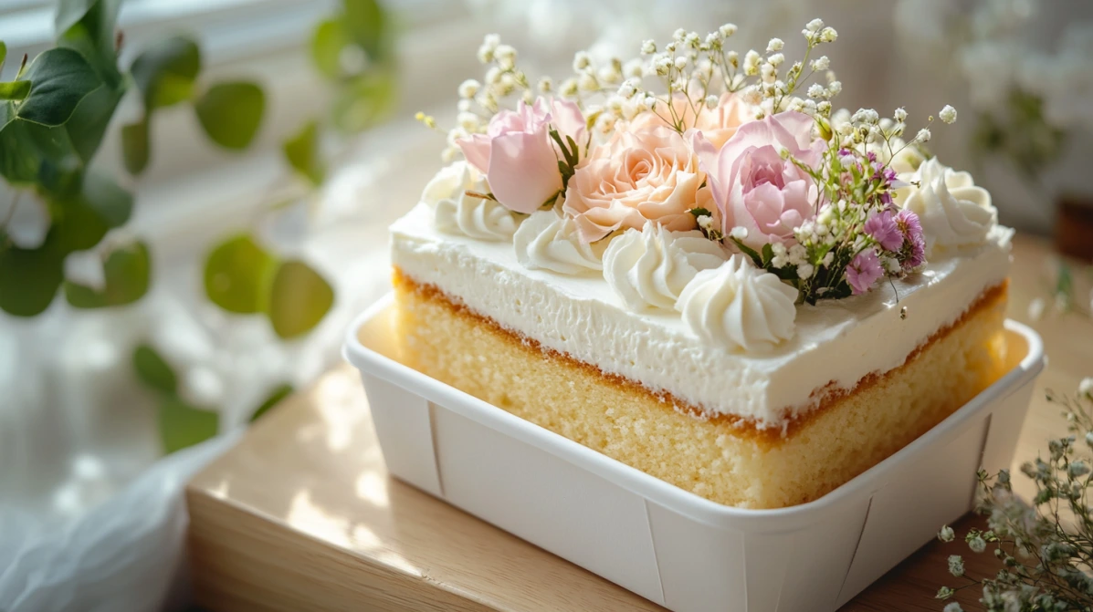 A pastel-colored bento cake in a white takeout box with minimalist buttercream decorations.