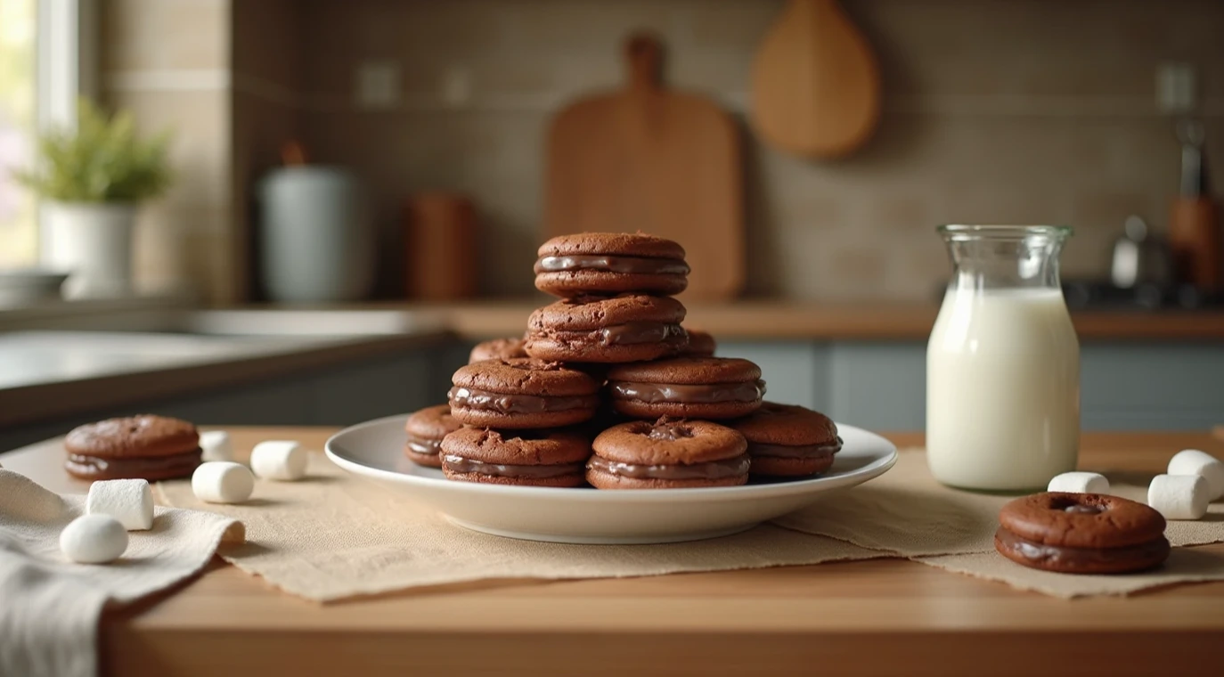 A plate of homemade choco pies with a rich chocolate coating in a cozy kitchen setting