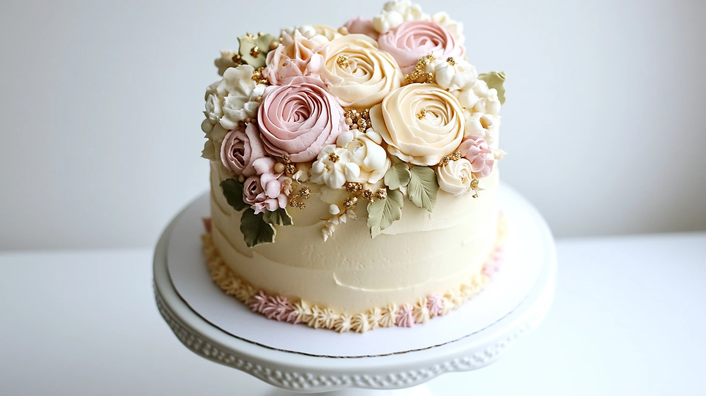 Stunning flower cake with buttercream roses and pastel peonies.