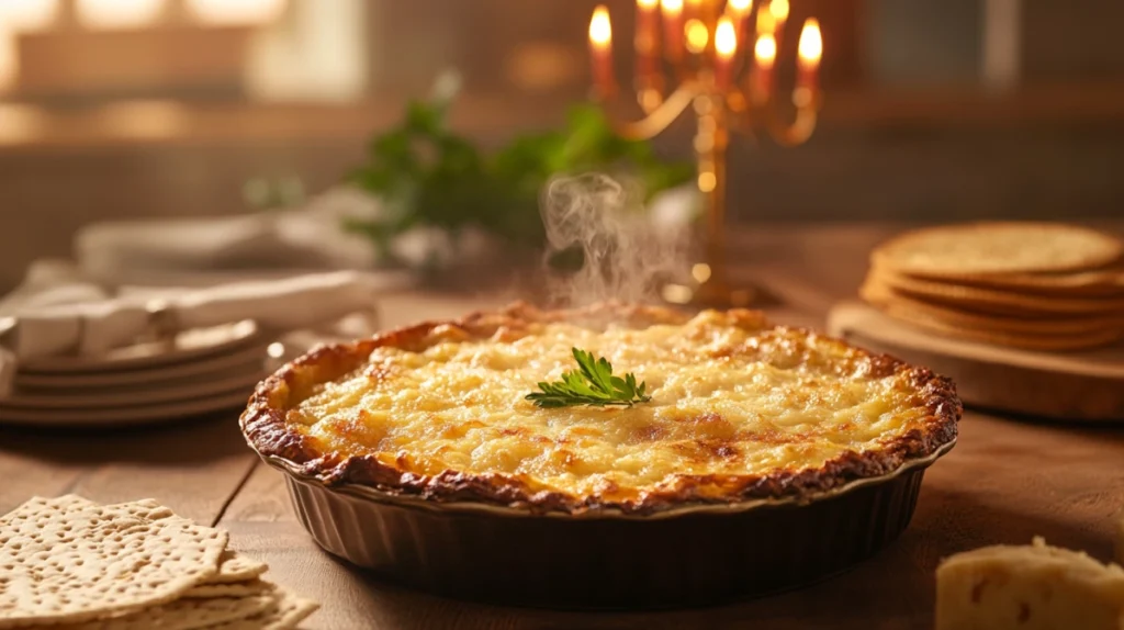 Crispy Passover Potato Pie on a beautifully set holiday table.