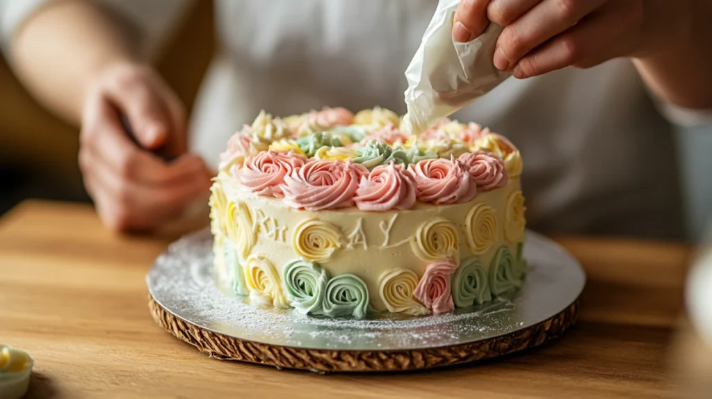 A baker decorating a bento cake with a piping bag, adding delicate buttercream swirls.