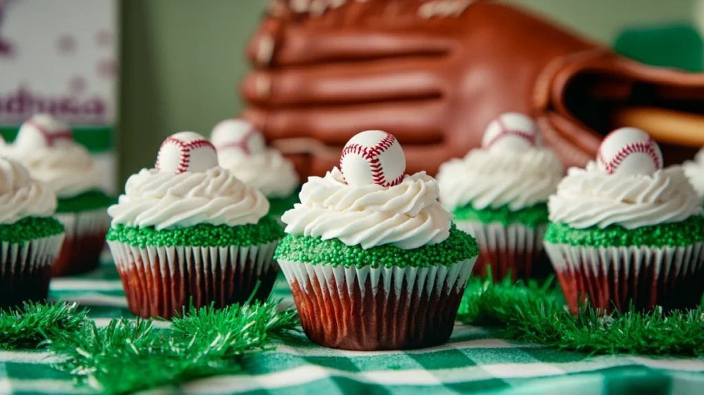 Baker piping red stitches onto a baseball cake.