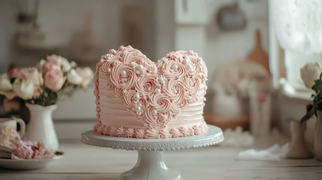 Finished vintage heart cake on a decorated table with flowers