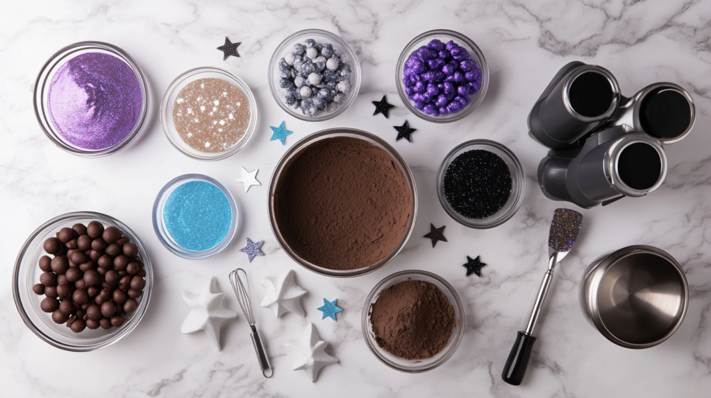 Ingredients and tools for making Galaxy Velvet Cake