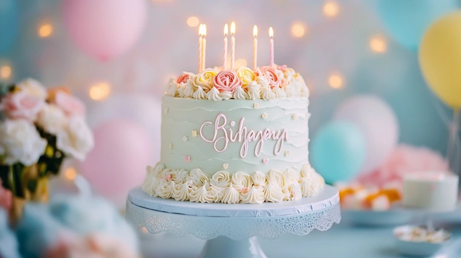 A digital interface showcasing the steps to personalize a birthday cake with a name.