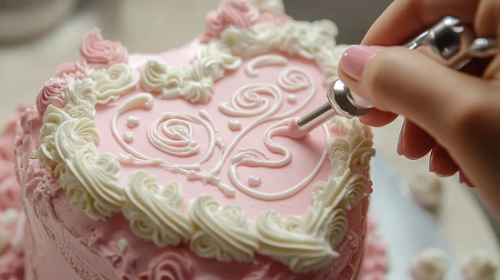 Piping delicate vintage-style buttercream decorations on a heart cake
