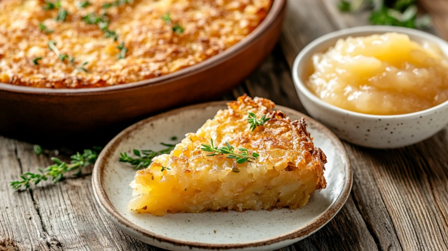 Crispy potato kugel slice with fresh herbs and applesauce