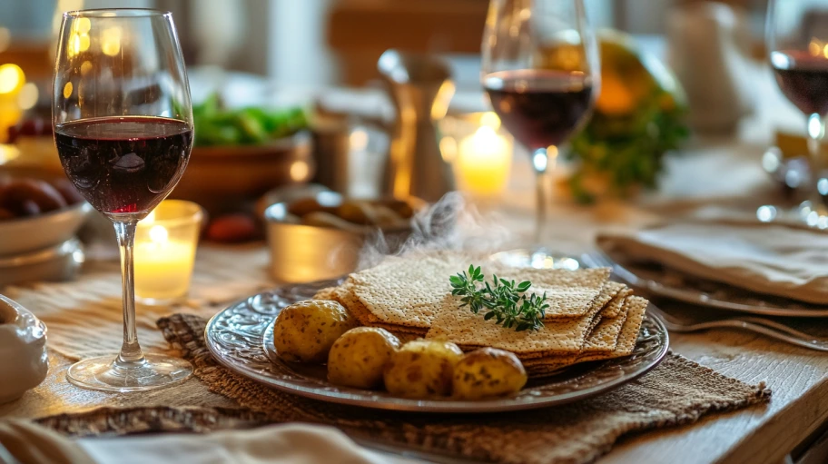 Passover Seder table with potato kugel and traditional items