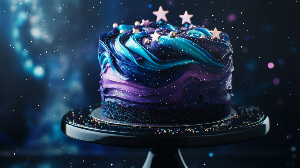 Decorated Galaxy Velvet Cake with cosmic-themed presentation