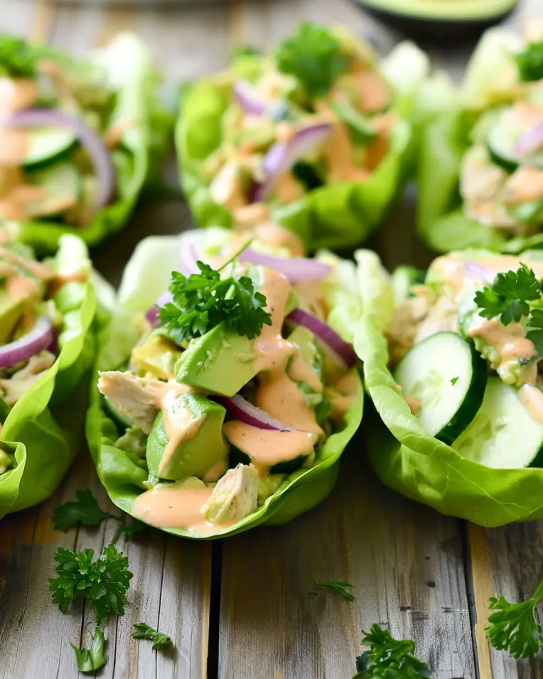 Healthy and fresh Avocado Chicken Salad Lettuce Wraps