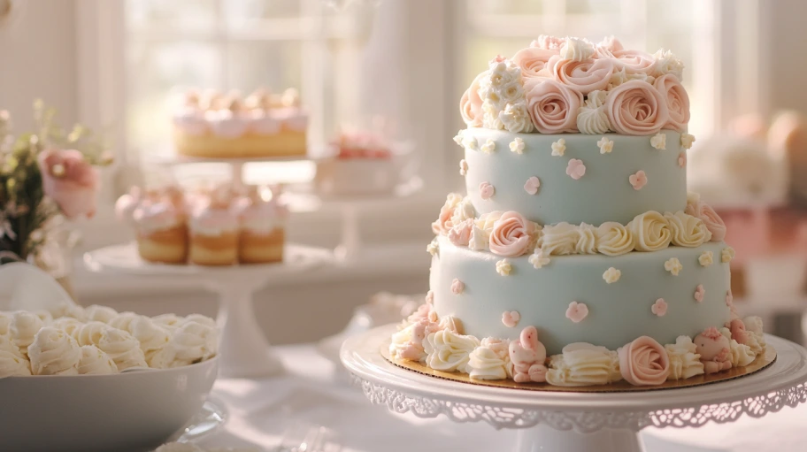 Elegant baby shower cake with pastel decorations on a dessert table
