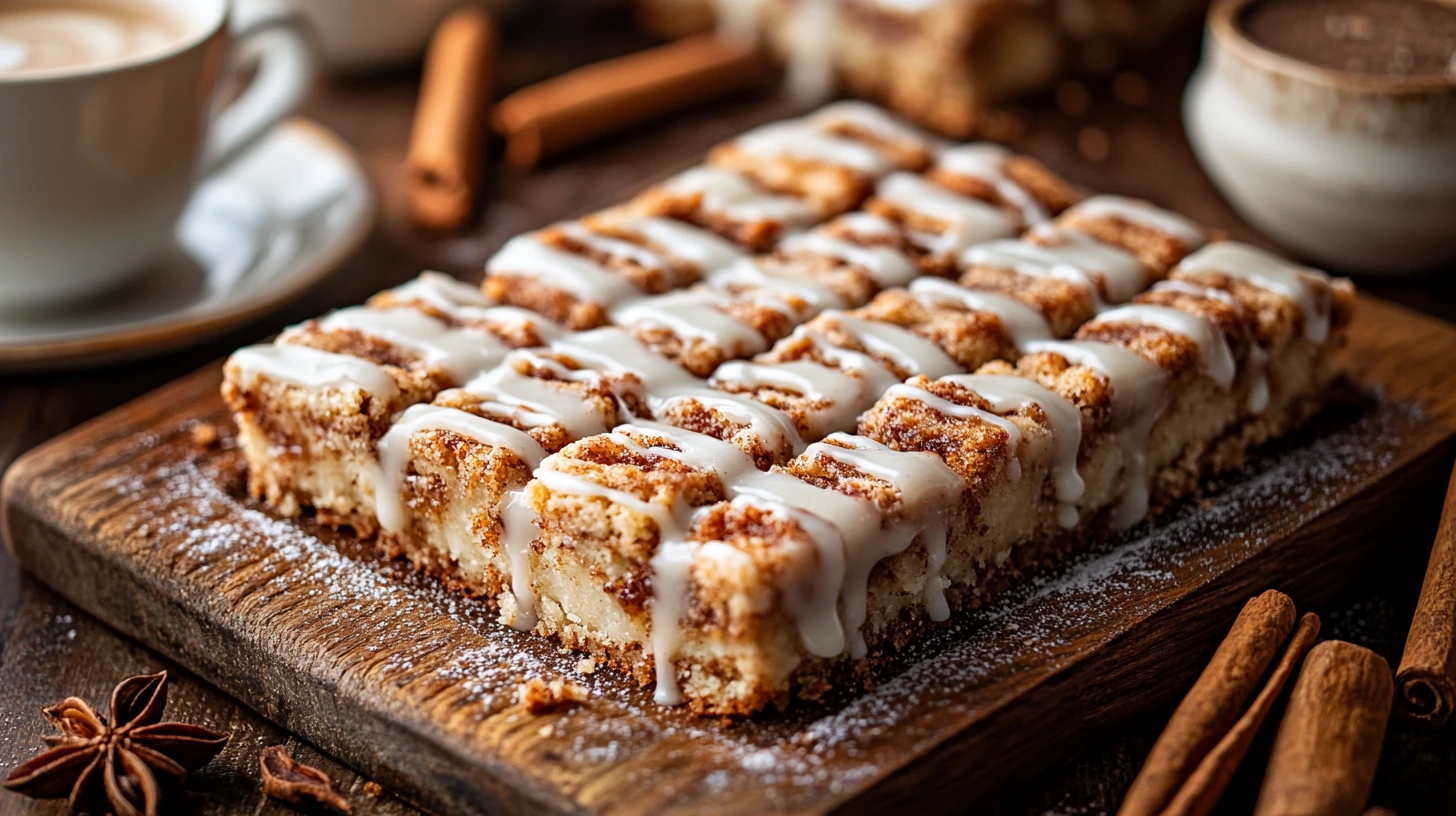 Text: Freshly baked Cinnamon Roll Bliss Bars with glaze and cinnamon