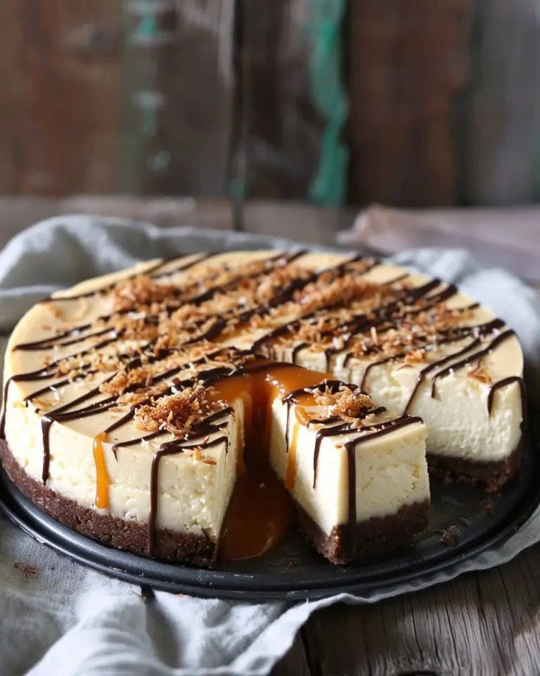 Samoa Cheesecake with caramel and toasted coconut.