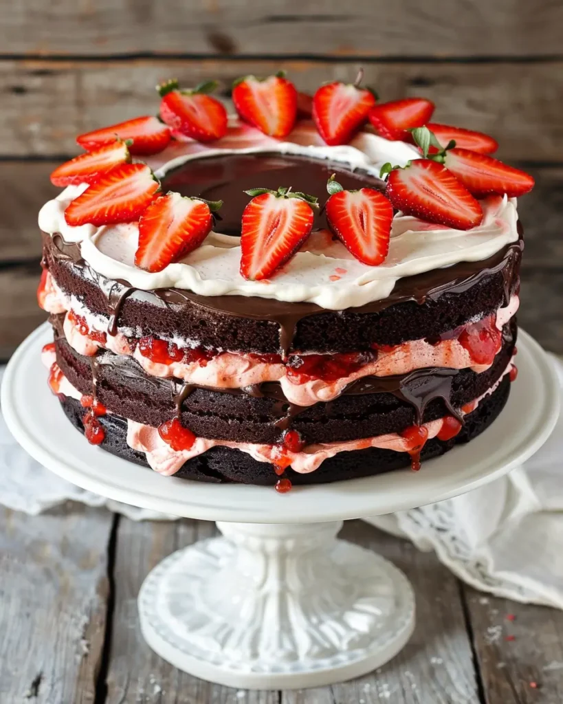 A beautifully decorated Strawberry Chocolate Layer Cake with layers of rich chocolate cake, homemade strawberry jam, and fresh strawberries, topped with smooth strawberry cream cheese frosting on a white cake stand