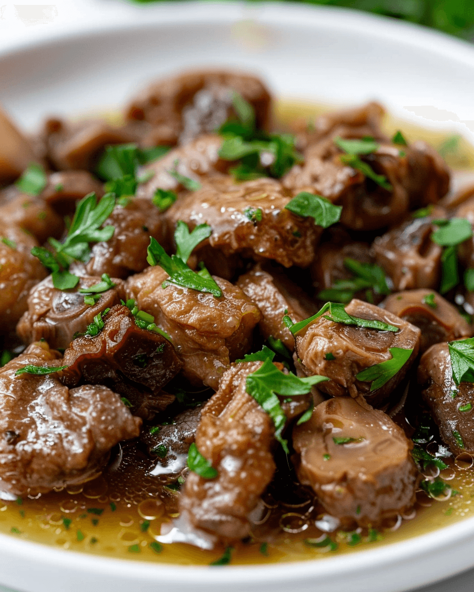 A well-cooked chicken gizzard recipe ready to be served.