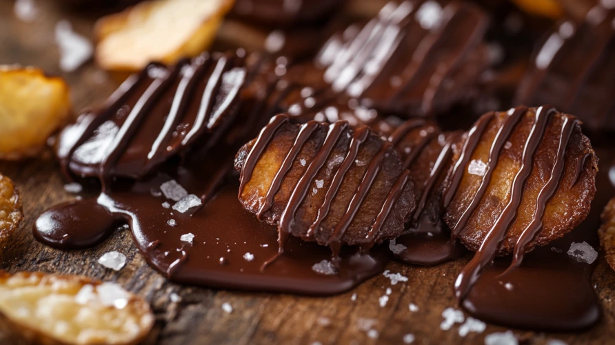 A plate of chocolate-covered potato chips with bowls of melted chocolate and sea salt.