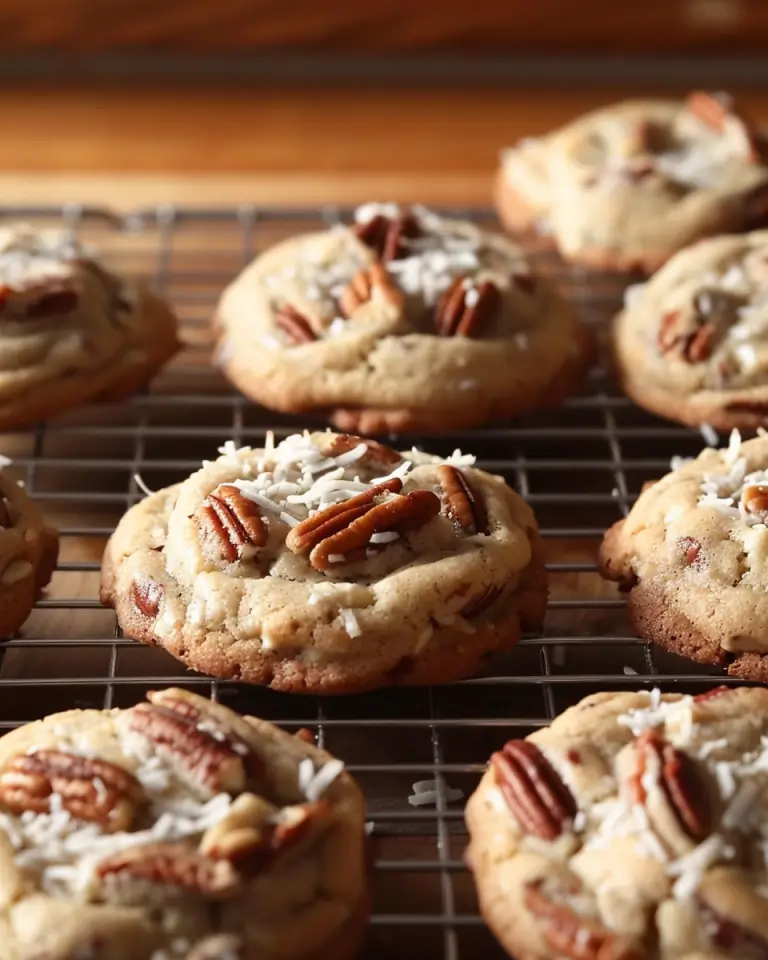 Coconut Pecan Cookies freshly baked and placed on a cooling rack.
