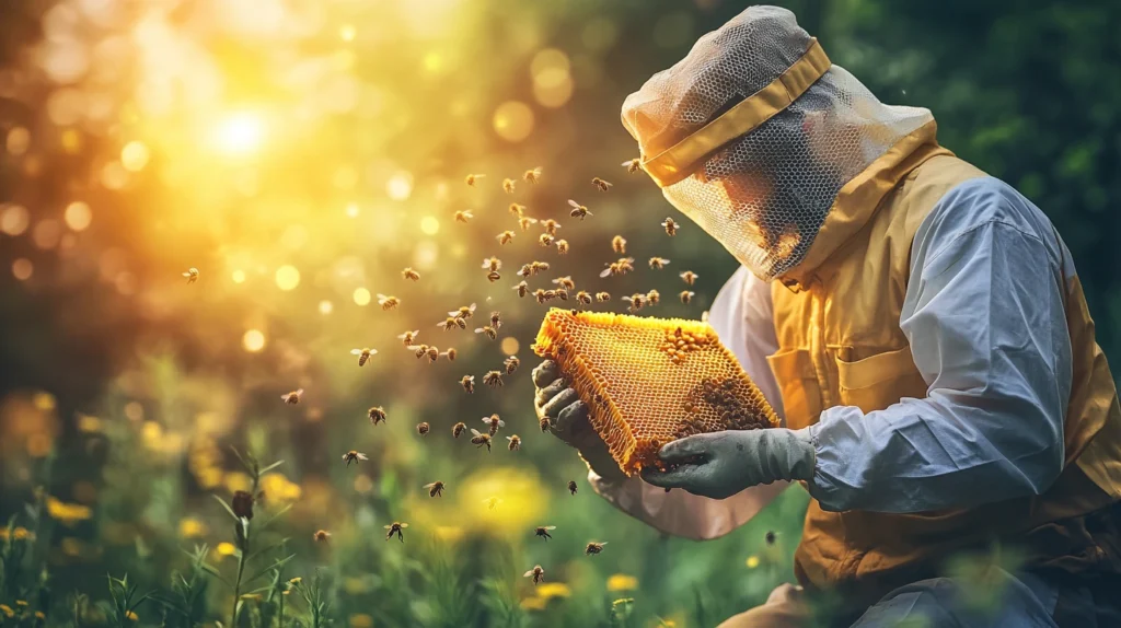 A beekeeper inspecting a healthy honeycomb full of bees.