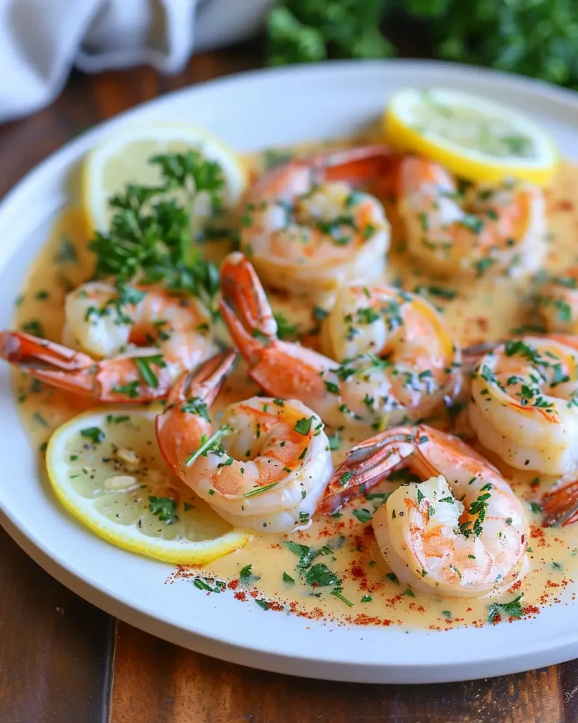 Shrimp and seafood served in a rich garlic butter sauce, garnished with fresh herbs and lemon wedges