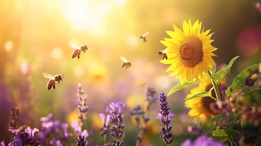 A summer meadow with blooming flowers and bees pollinating plants.