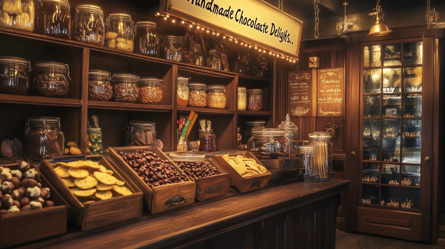 Chocolate-covered potato chips on a wooden table with melted chocolate drizzle.