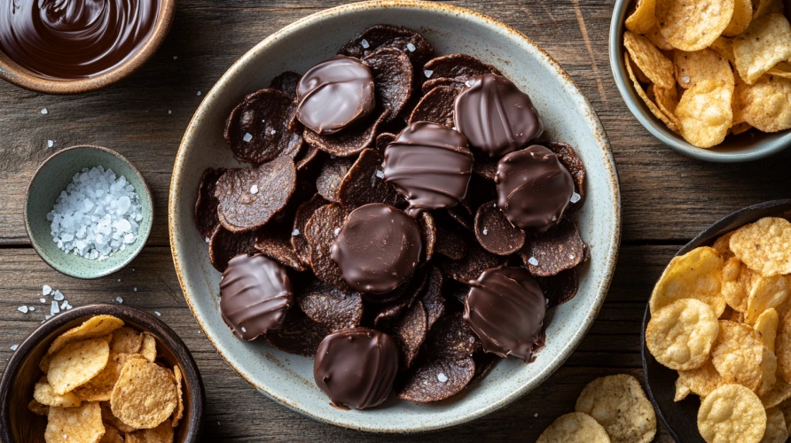 A vintage-style candy shop with chocolate-covered potato chips on display.