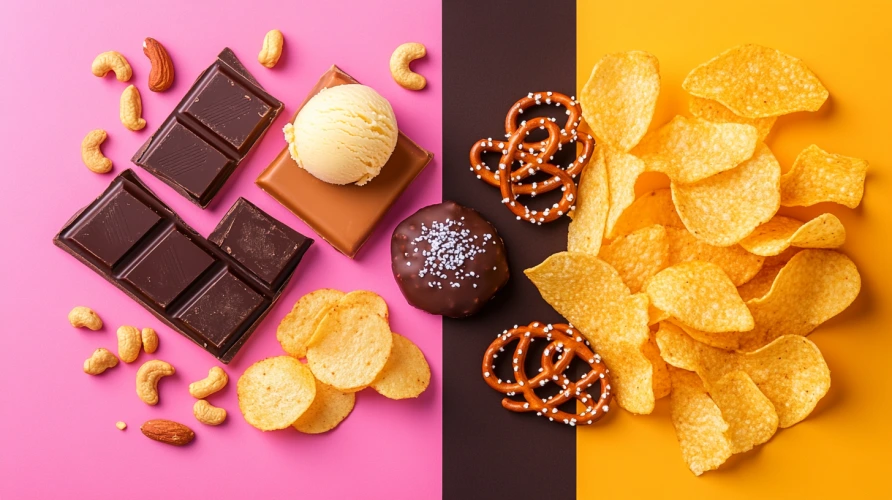 A comparison of sweet and salty snacks, featuring chocolate, caramel, chips, and pretzels.