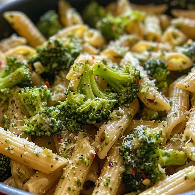 Creamy broccoli pasta in a skillet, topped with parmesan cheese.