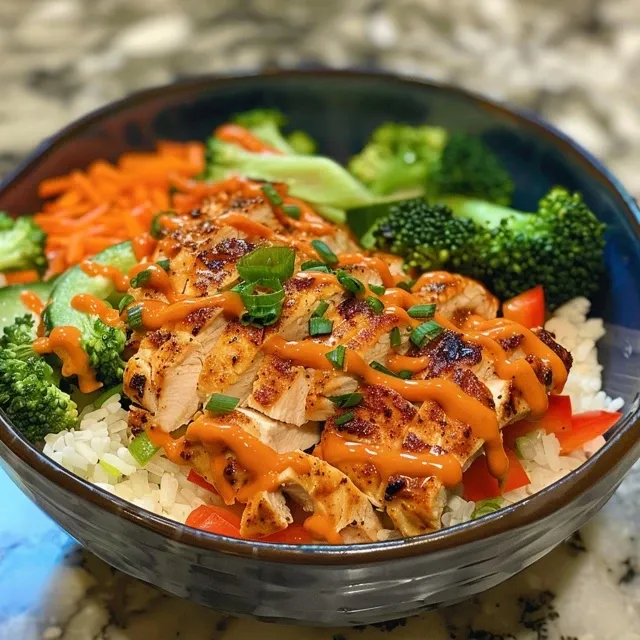 Close-up of a delicious Bang Bang Chicken Bowl with rice, grilled chicken, avocado, roasted red peppers, and a creamy sauce.
