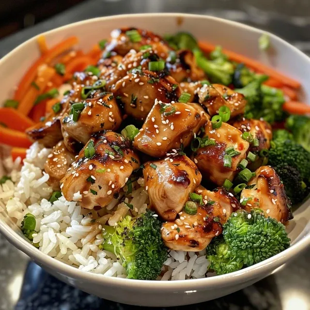 Delicious Bang Bang Chicken Bowl with rice, chicken, avocado, and peppers.