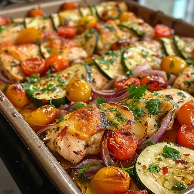 Close-up of a baked dish with chicken, zucchini, tomatoes, and melted cheese.