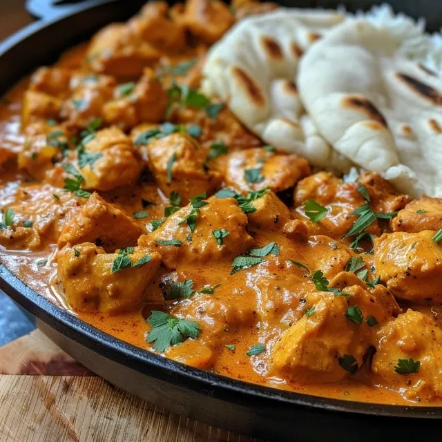 A bowl of creamy butter chicken with rice and naan bread.