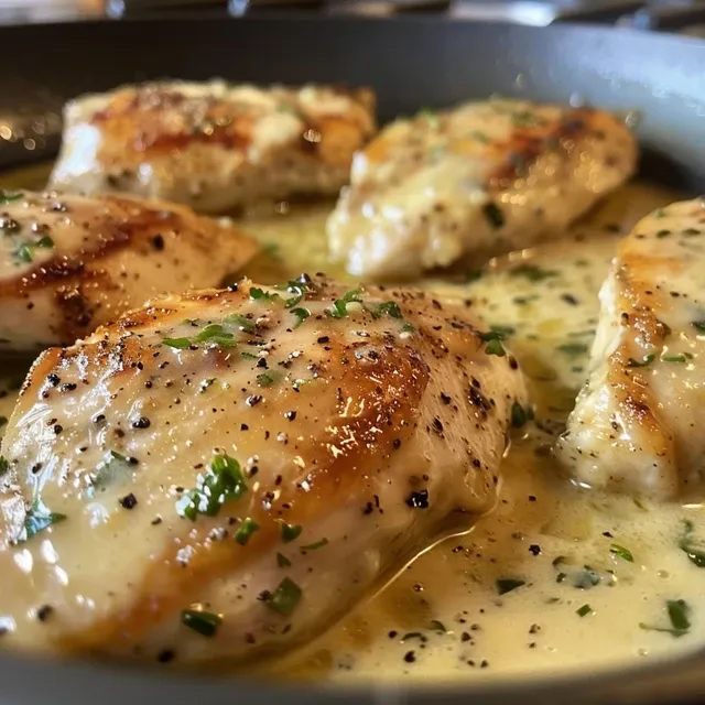 Close-up of creamy, golden-brown baked chicken breasts, topped with herbs.