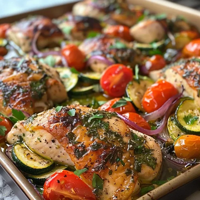 Close-up of a baked dish containing chicken, zucchini, tomatoes, and melted cheese.
