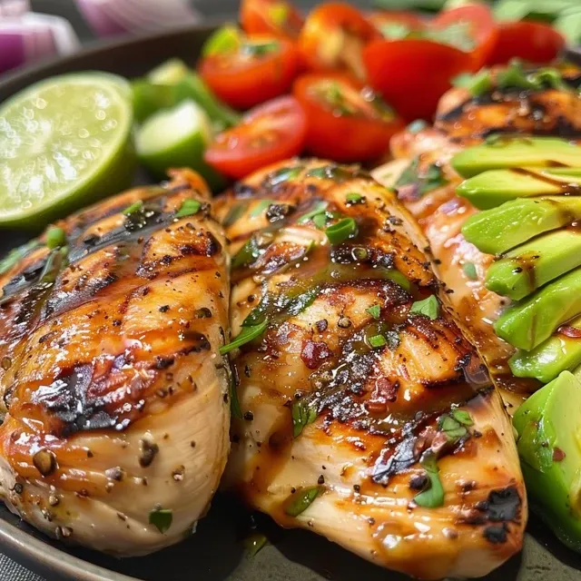 Grilled chicken breasts topped with grilled avocado, cherry tomatoes, mozzarella, and balsamic glaze.