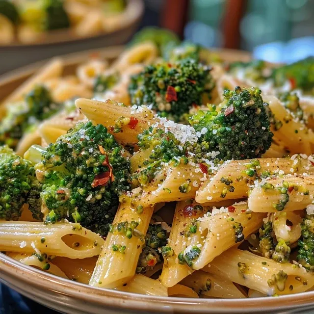 Creamy broccoli pasta in a skillet, topped with parmesan cheese.