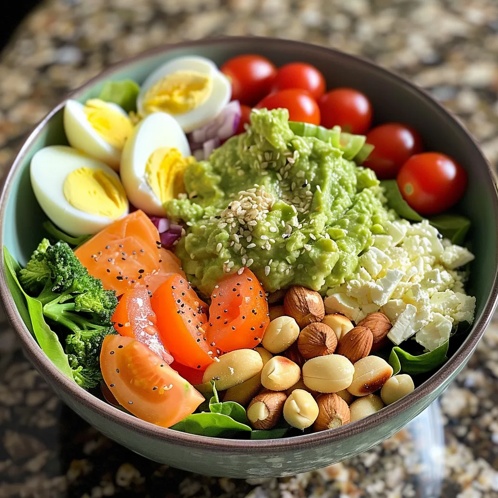 Screenshot of a calorie-counting app showing a 1300-calorie meal plan including breakfast, lunch, and dinner with guacamole and salmon.