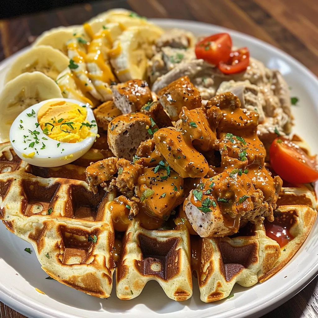A collage showcasing a 1500-calorie high-protein meal plan with images of waffles, air fryer sausage and vegetables, chicken white bean soup, and a berry yogurt parfait.