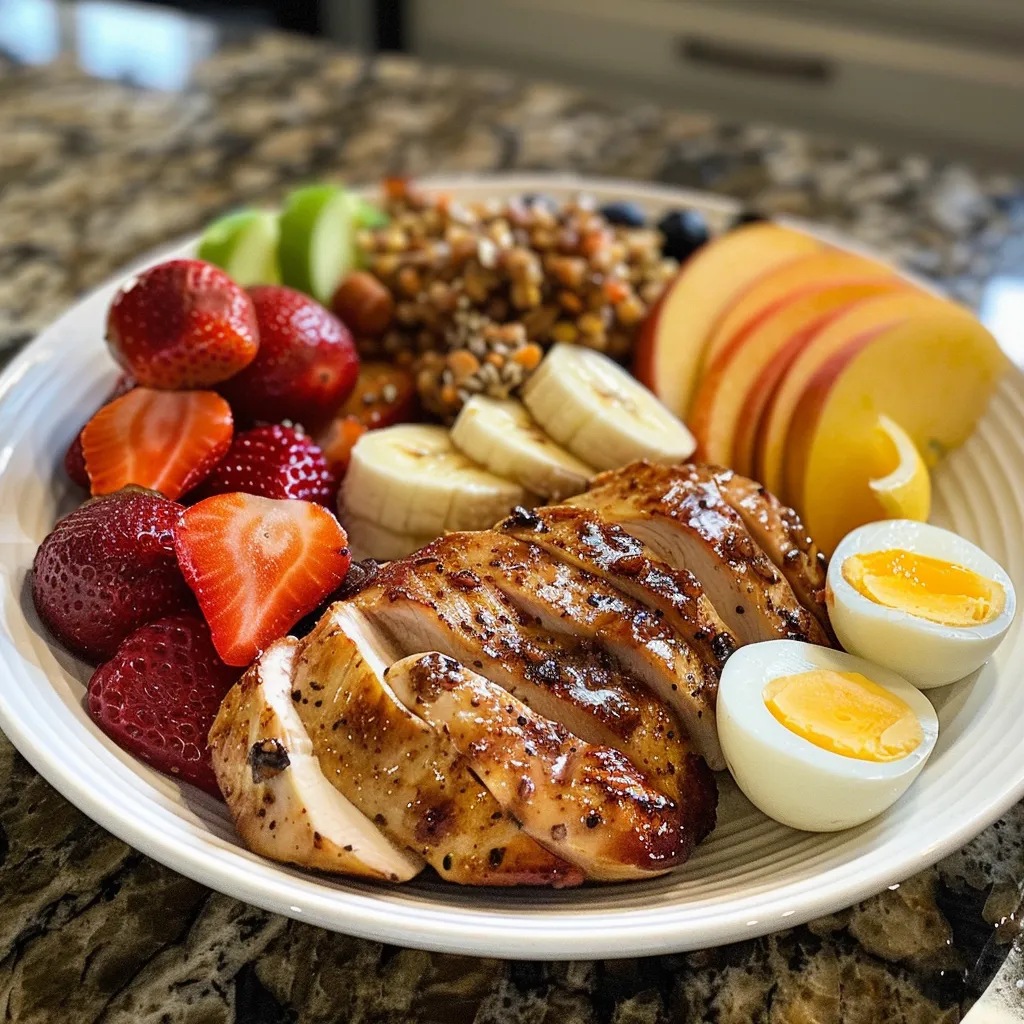 A 1700-calorie high-protein meal plan featuring four delicious meals: a spinach and bacon casserole, a chicken salad, creamy pasta, and banana muffins.